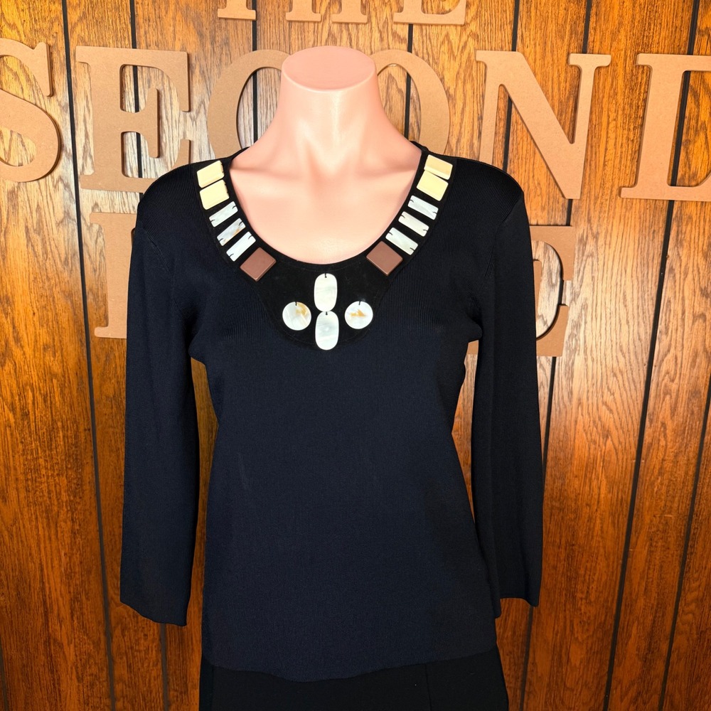 Joseph A  Black Boho Y2K Knit Top Women S Whimsygoth Shell Embellished Sweater